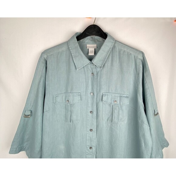 Soft Surroundings Tunic Top Womens 3X Muted Blue 100% Linen Roll Tab Shirt - Picture 2 of 15